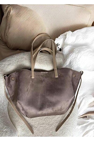 Timeless Polene Cyme Style Cüzdan Detaylı Çıt Çıt Kapamalı Süet Kadın El Ve Omuz Askılı Tote Çanta