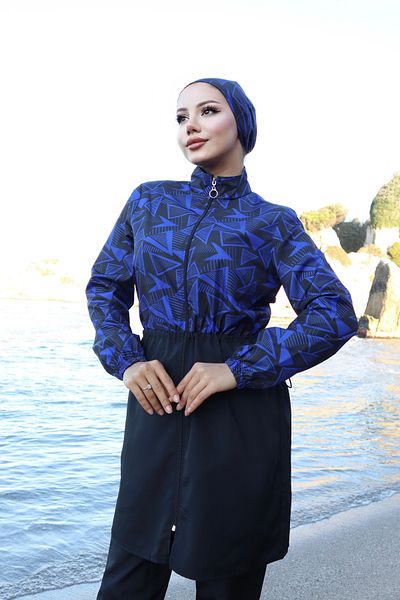 new ats Spring Patterned 3-Piece Hijab Swimsuit with Adjustable Elastic Waist