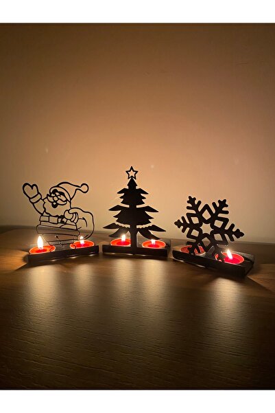 CAMPDEER Yılbaşı Temalı 3’lü Mumluk Seti  Dekoratif Obje Çam Ağacı Noel Baba ...