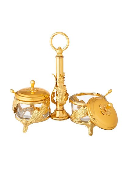 Dania Double glass sugar can with a holder with elegant golden metal decor + a metal spoon