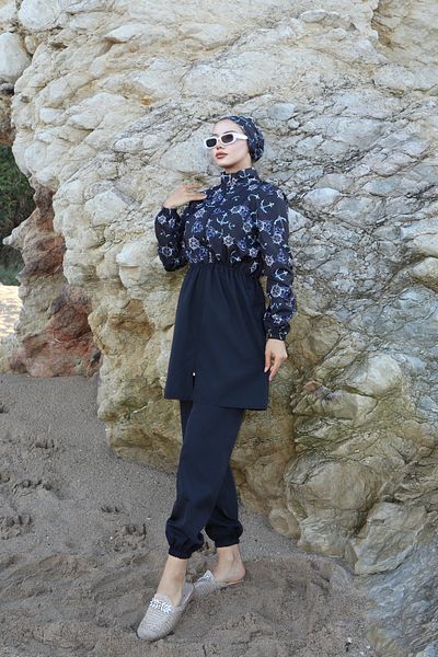 new ats Set of 3 Hijab Swimsuits - Anchor Pattern, Adjustable Elastic Waist, Black Blue