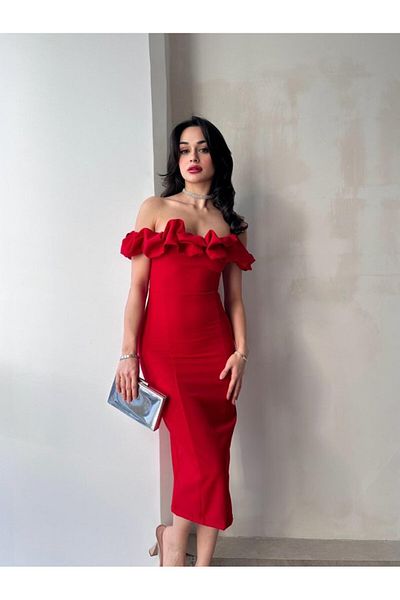 Afiş Butik Off Shoulder Ruffle Midi Dress