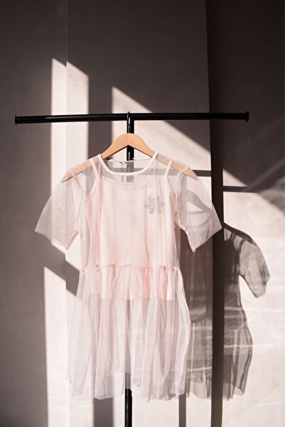 PONÇİK Γυναικεία μπλούζα από τούλι με λουράκια 20059 PUDRA