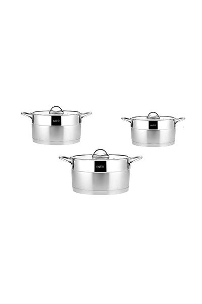 Nehir Silver Matte Trend Steel Deep Pot Set 6 Pieces 3 Sizes Stainless Steel 18/10
