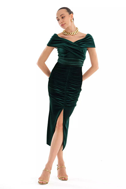 Fervente Yılbaşı için Yeşil Kadife Kolsuz Midi Elbise
