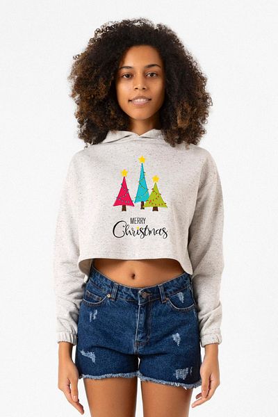 Tshirthane Merry Christmas White Gray Women's Crop Hoodie