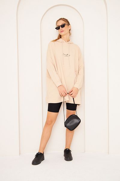 PONÇİK Beige Hooded Oversize Long Tunic - 100% Cotton, Two Thread 22544