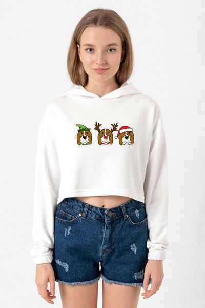 Tshirthane 3 Wise Beagles Christmas Ecru Hooded Women's Crop Top