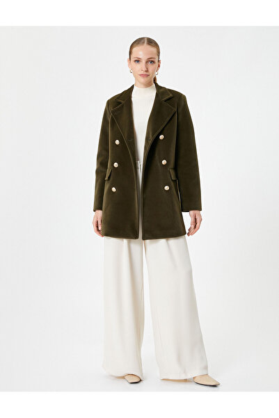 Koton Kaşe Kaban Kruvaze Gold Düğmeli Dik Yaka Kapaklı Cepli