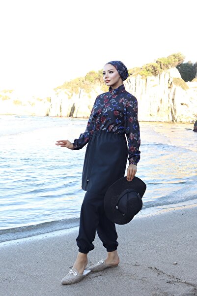 new ats Set of 3 Red Black Hijab Swimsuit - Anchor Pattern, Adjustable Elastic Waist