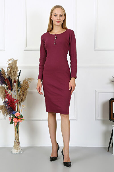 PONÇİK Γυναικείο φόρεμα bodycon σε μπορντό χρώμα - Λαιμόκοψη με κουμπιά, μακρ...