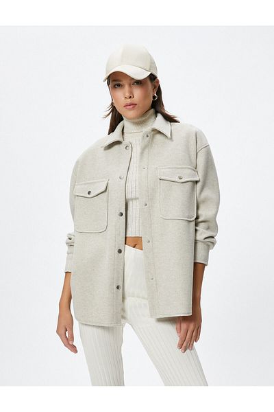 Koton Oversize Shirt Jacket with Snap Buttons and Flap Pockets