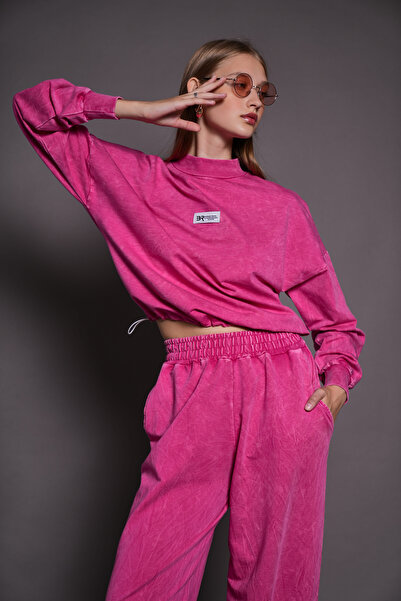 PONÇİK Kadın Yıkamalı 2 İplik Eşofman Takımı Cepli Beli Büzgülü FUŞYA 24529