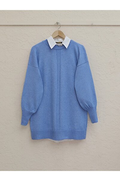 Modamorfo Blue Soft Sweater - Crew Neck, Balloon Sleeve and Stripe