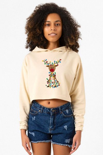 Tshirthane Beige Women's Crop Hoodie - Adorable Reindeer Christmas