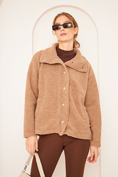 PONÇİK Women's Side Pocket Snap-On Lamb Fabric Plush Unlined Coat Jacket Mink