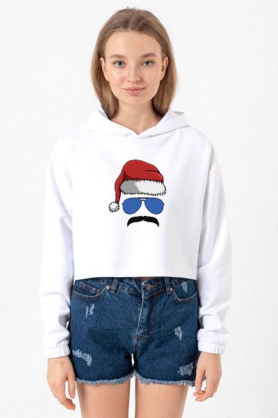 Tshirthane White Optical Women's Crop Hoodie - Mustache Christmas Hero