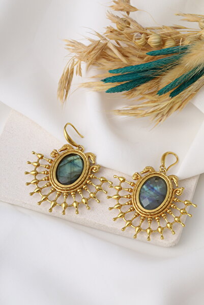 22k Gold Plated Earrings with Sun & Sea Horse Motif Labradorite Natural Stone