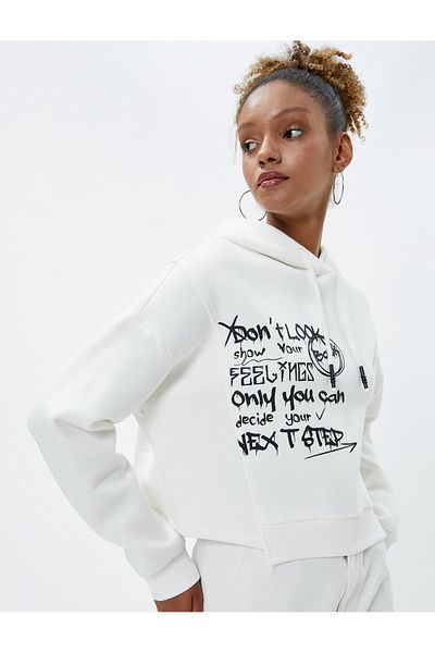 Koton Raster Hooded Sweatshirt Slogan Printed Asymmetrical Cut