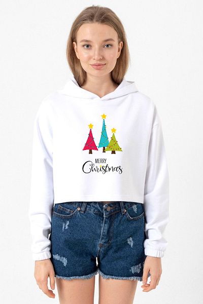 Tshirthane White Optical Women's Crop Hoodie - Merry Christmas