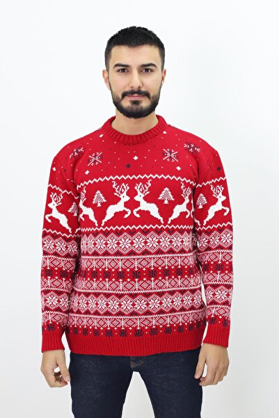 KURGAN TEKSTİL Pulover pentru bărbați, cu mânecă lungă, cu decolteu, cu tematică de Anul Nou