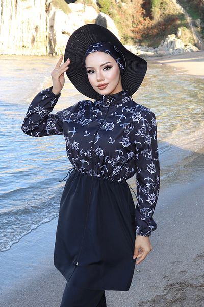 new ats Μαγιό 3 τεμαχίων Hijab με μοτίβο άγκυρας με ρυθμιζόμενη ελαστική μέση ασπρόμαυρο