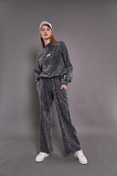 PONÇİK Set de trening negru pentru femei cu buzunare și talie adunată - 2 fir...