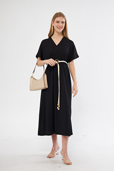PONÇİK Black Double Breasted Collar and Belted Long Elastic Women's Summer Dr...