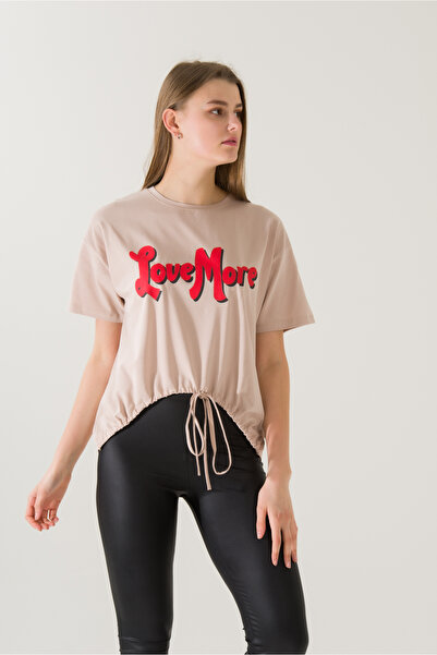 PONÇİK Γυναικείο μπλουζάκι Love More με στάμπα Mink 21010 Mink