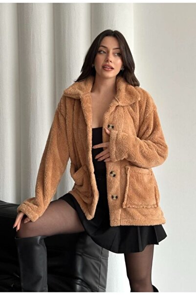 Genel Markalar Kadın Camel Peluş Welsoft Cepli Hırka Astarsız Trend Günlük