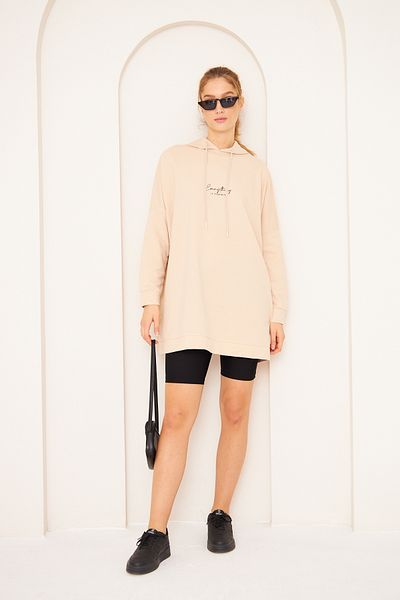 PONÇİK Beige Hooded Oversize Long Tunic - 100% Cotton, Two Thread 22544