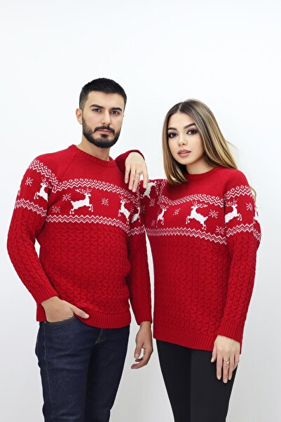 KURGAN TEKSTİL Pulover combinat de tricotaje pentru îndrăgostiți cu mânecă lungă cu decolteu