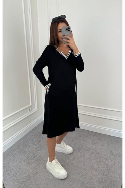 İpeksi Silky Women's Long Sleeve V Neck Stripe Detail Midi Viscose Two Thread Dress with Pockets