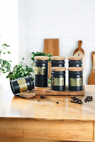 Turkco Premium 6'lı Metal Saklama Kavanozu Seti, Ahşap Standlı Vintage Mutfak...