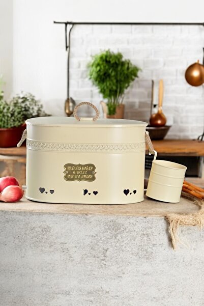 Turkco Oval Metal Potato Onion Garlic Bucket, Kitchen Organizer with 2 Compartment Design and Garlic Chamber