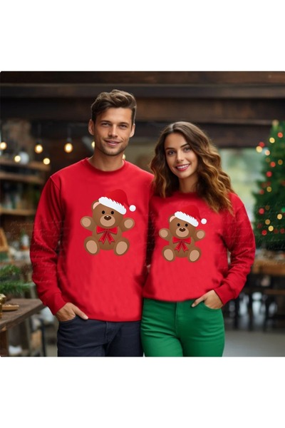 WOODROFFE سويت شيرت أحمر كبير الحجم مطبوع عليه عيد الميلاد ورقبة دائرية للزوجين مكون من قطعتين