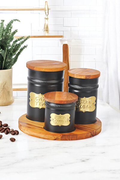 Turkco 3'lü Vintage Metal Saklama Seti, Ahşap Standlı Lüks Çay Şeker Mutfak D...