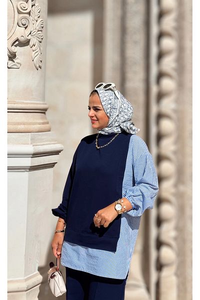 Aselim Hijap Moda Σετ Navy Blue Double - Πουκάμισο σε γραμμή