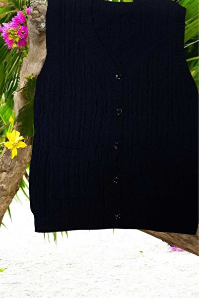 ÇEÇEN HOME (2 Τεμάχια) Γυναικείο πλεκτό μάλλινο πλεκτό μητρικό κοντό γιλέκο με τσέπες με κουμπιά με λαιμόκοψη