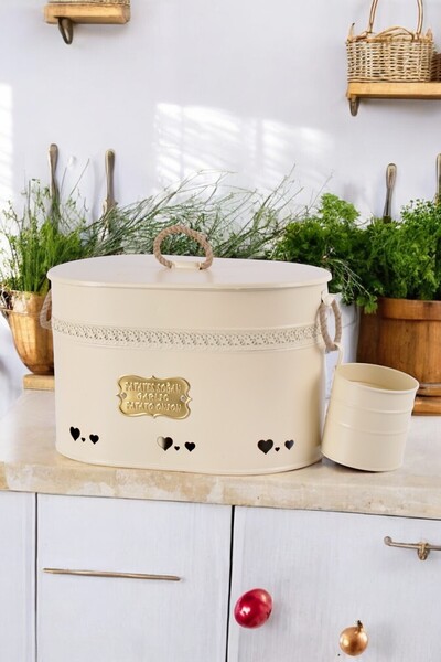 Turkco Oval Metal Potato Onion Garlic Bucket, Kitchen Organizer with 2 Compartment Design and Garlic Chamber