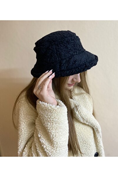 sema aksesuar Kadın Siyah Kıvırcık Peluş Teddy Kova Model Balıkçı Bucket Hat ...