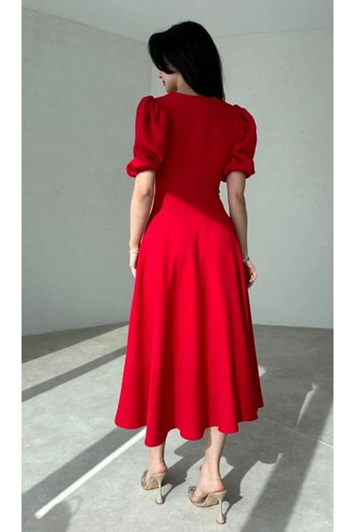 Daem Butik Rochie de damă roșie cu mânecă cu balon, cu gât întins în talie, pliată
