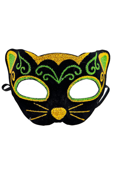 MEVAFA Yellow Green Glitter Embroidered Black Velvet Cat Mask - 20x13 Cm