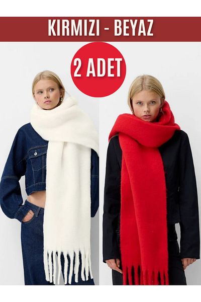 Paragon Ecru and Red 2 Pcs - Soft Textured Imported Puffy Women's Scarf Shawl Shoulder Wrap