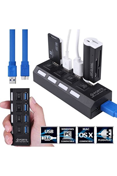 Derwell 4 Port Usb 3.0 Hub Çoğaltıcı Çoklayıcı Swıtch Anahtarlı Çoklama Dişi Splitter Laptop Bilgisayar Için