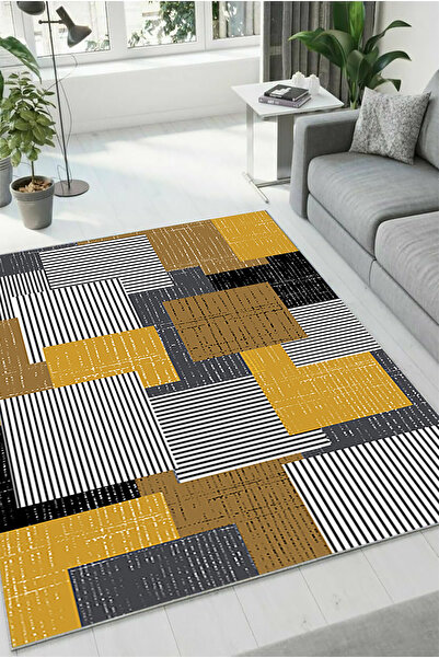 HaLıFoRuM Yıkanabilir Kaymaz Tabanlı Oturma Halısı Salon Mutfak Koridor Odası DZ-16-SARI