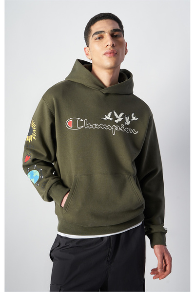 Champion Eco Future Hooded Sweatshirt Organik Pamuk Yeşil Erkek Kapüşonlu Swe...