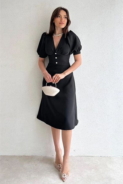 Daem Butik Rochie midi neagră de damă, cu decolteu în V, cu mâneci cu balon, detaliată cu nasturi