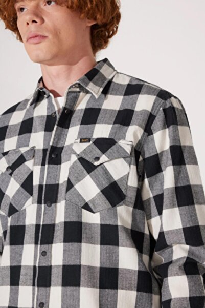 Lee L66rrrnq Ekru-siyah Kare Çizgili Çıtçıtlı Erkek Gömlek