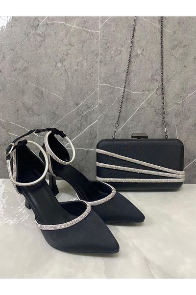 Berush Bride Women's Black Stone 7 cm Evening Dress Shoes and Bag Combination